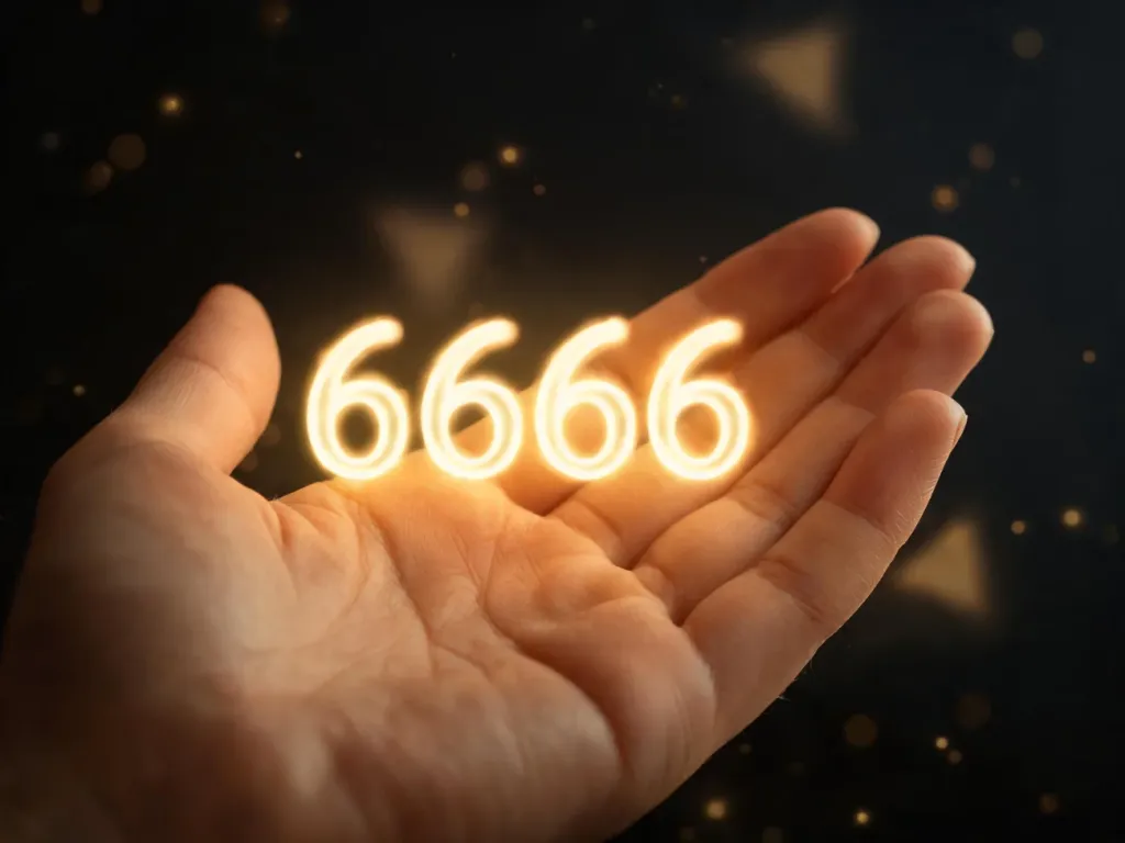 Dłoń trzymająca świecącą liczbę 6666 w złotym świetle, symbolizującą mistyczne znaczenie w numerologii na ciemnym tle