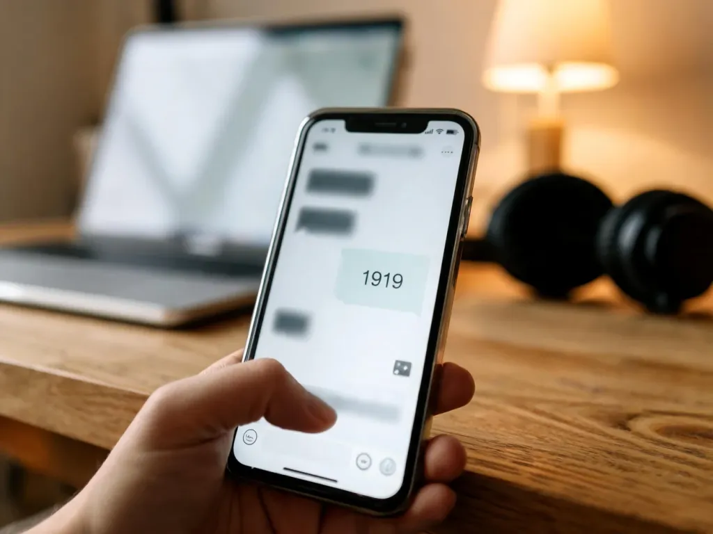 Smartfon z otwartym komunikatorem pokazujący numer 1919, trzymany w dłoni w przytulnym domowym biurze