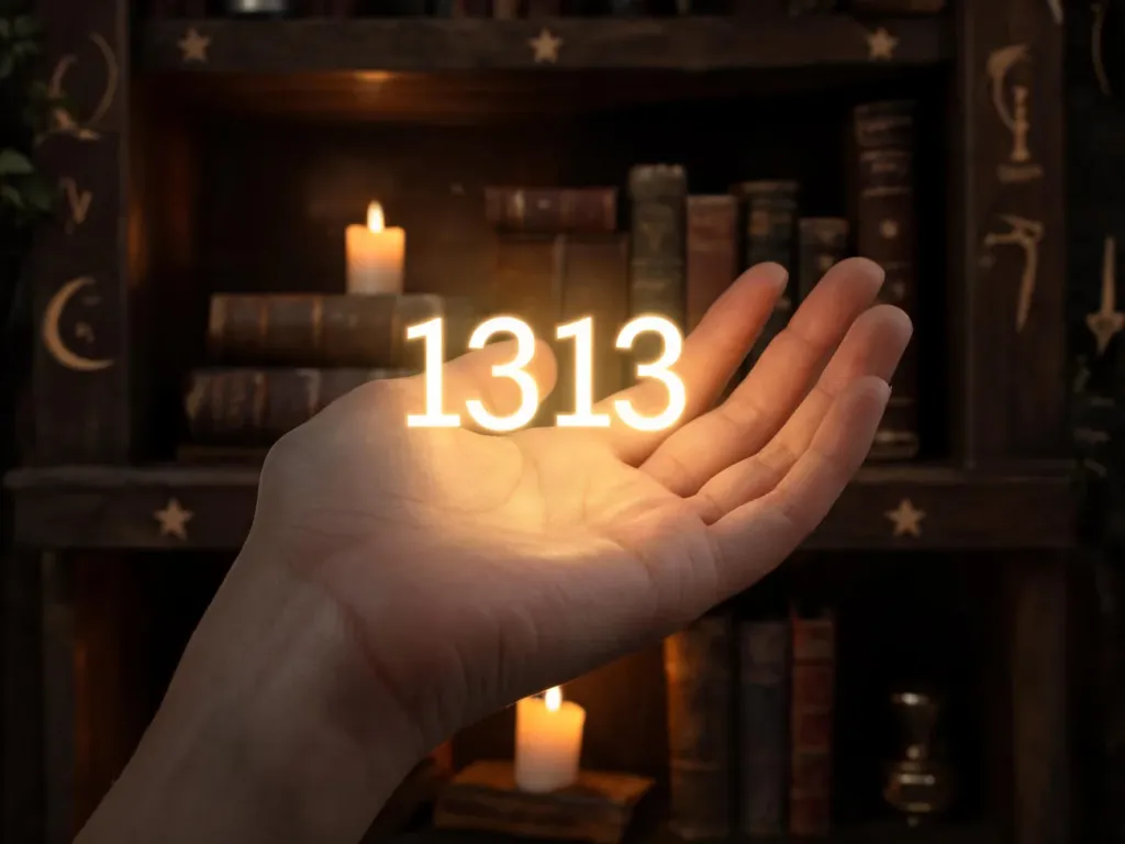 Dłoń trzymająca świetlistą liczbę 1313 na tle ksiąg i świec, symbol duchowego przewodnictwa i numerologicznej tajemnicy.
