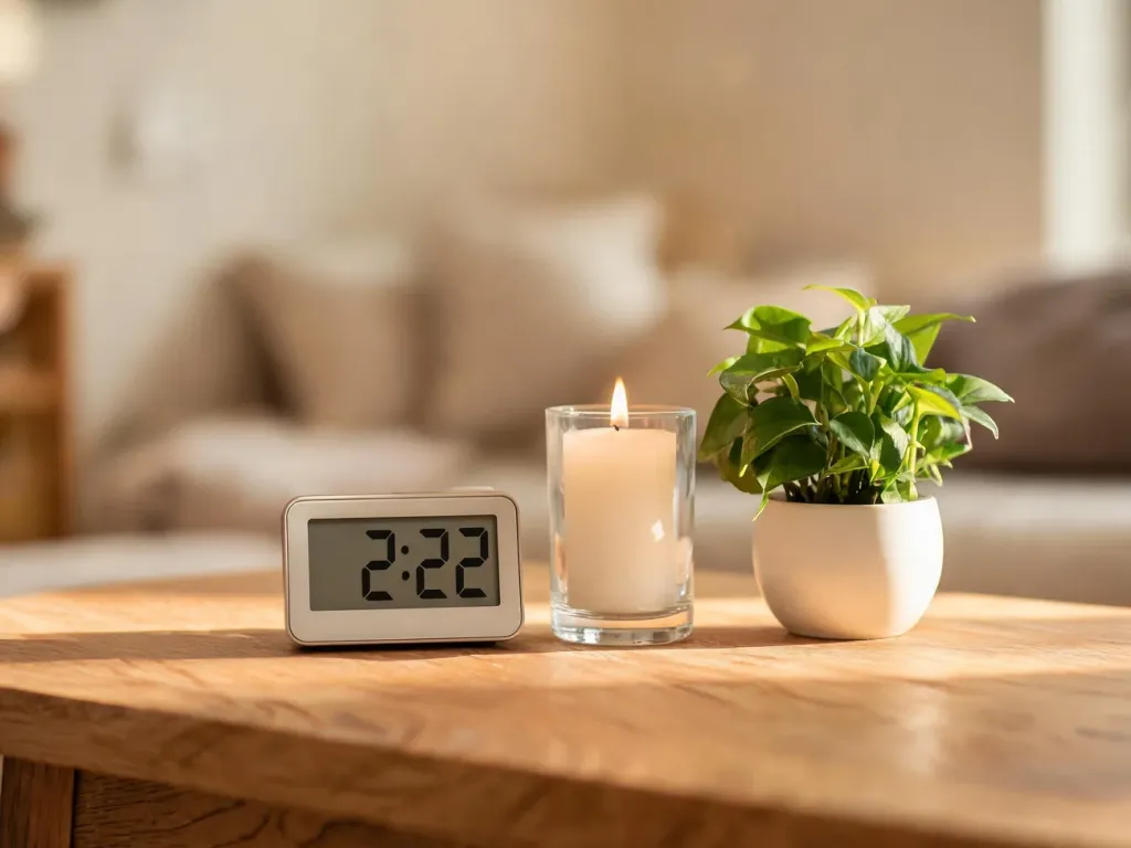 Minimalistyczne wnętrze z zegarem pokazującym 2:22, świecą i rośliną w ciepłym, spokojnym świetle naturalnym.