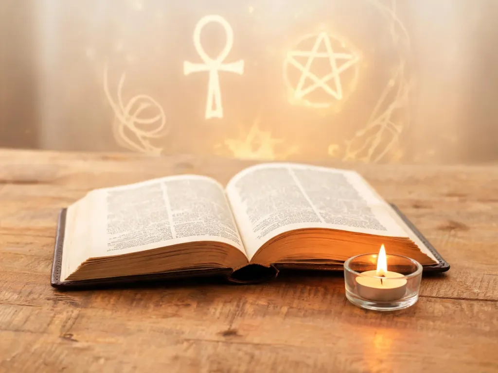 Otwarta Biblia i świeca na drewnianym stole, w tle rozmyte mistyczne symbole podkreślają ezoteryczne znaczenie liczby 666.
