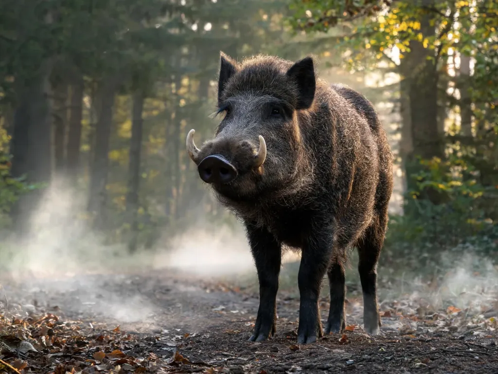 Dzik stojący na leśnej ścieżce o poranku, w lekkiej mgle, tworzący tajemniczą, spokojną atmosferę snu