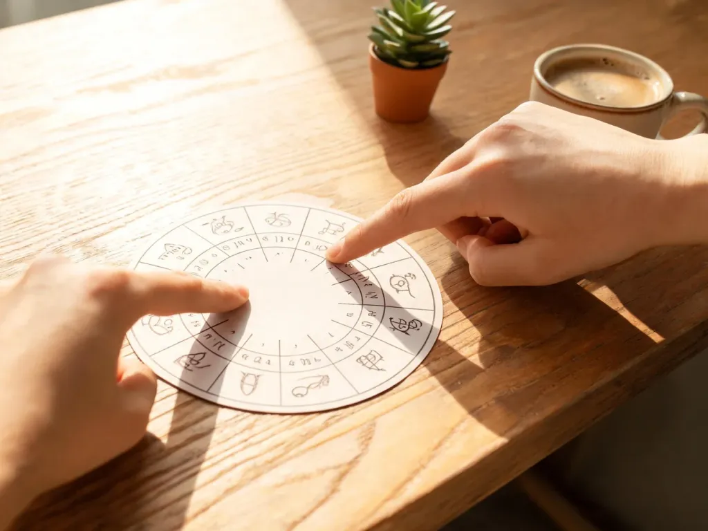 Osoba wskazuje na ascendent na okrągłym kole zodiaku na biurku, w tle roślina i kubek kawy, przytulna atmosfera.