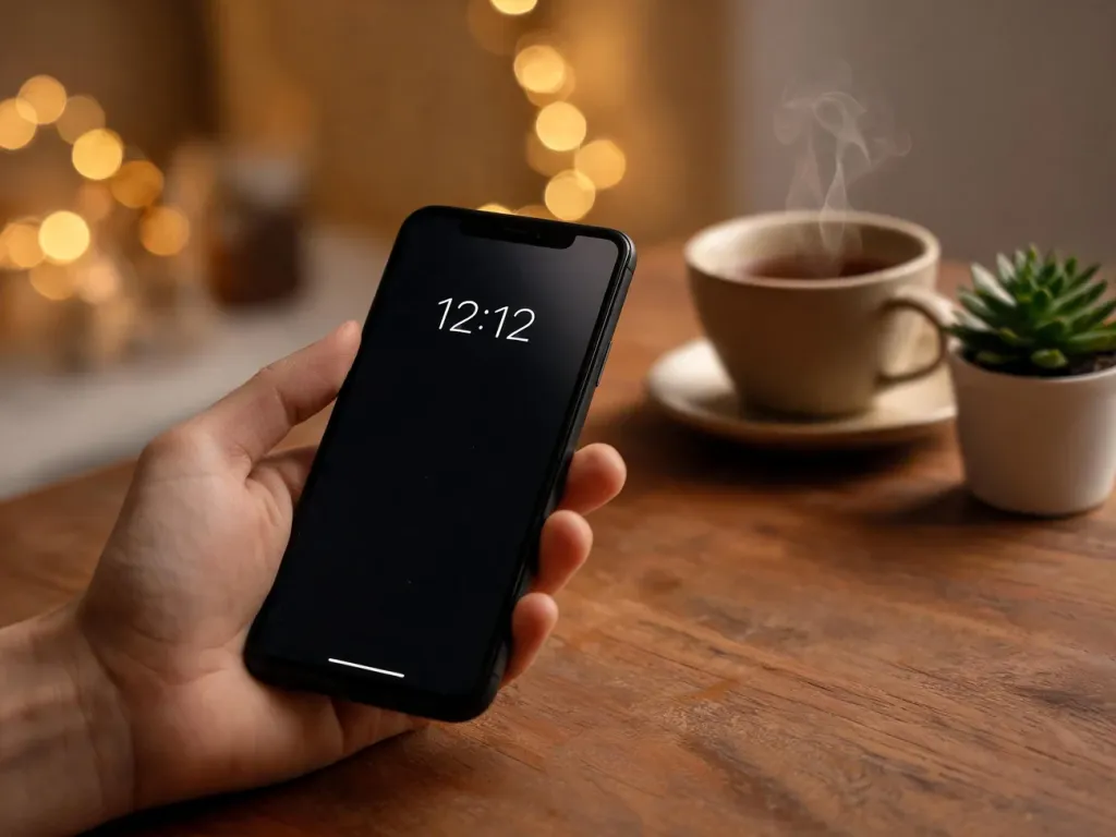 Telefon w dłoni pokazuje godzinę 12:12 na tle ciepłego, przytulnego wnętrza, podkreślając jej anielskie znaczenie.