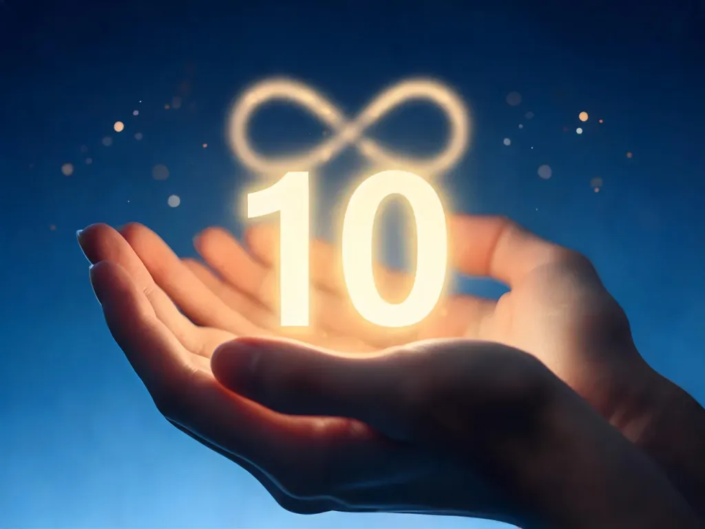 Dwie dłonie trzymające świetlistą „10”, z subtelnym symbolem nieskończoności w tle, w mistycznej, ciemnoniebieskiej aurze.