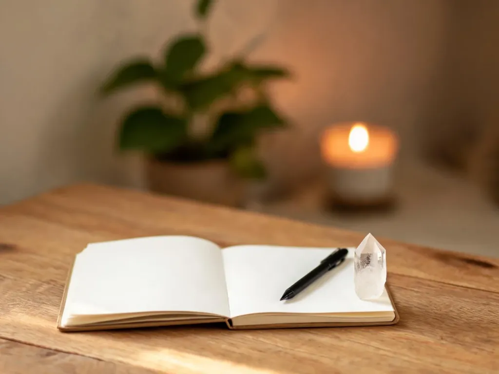 Otwarty notes, długopis i kryształ na drewnianym stole w ciepłym świetle, tworzące spokojną, mistyczną atmosferę do numerologii.
