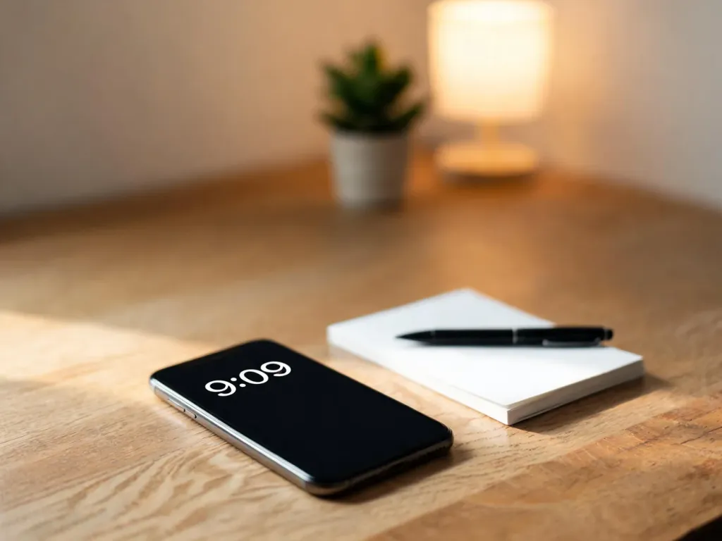 Smartfon z godziną 9:09 na stole obok notatnika, w spokojnym, przytulnym wnętrzu sprzyjającym refleksji nad znaczeniem liczb.
