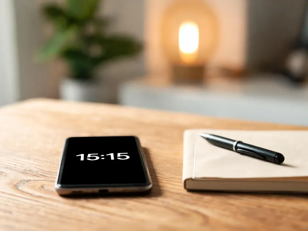 Smartfon z godziną 15:15 na ekranie leży na biurku obok notesu i długopisu w spokojnym, minimalistycznym wnętrzu.
