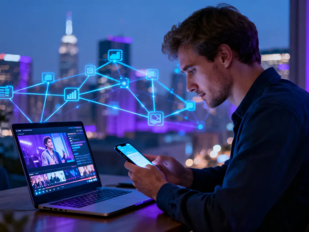 Mężczyzna korzysta jednocześnie ze smartfona i laptopa do streamingu, na tle nocnego miasta z siecią połączeń danych.